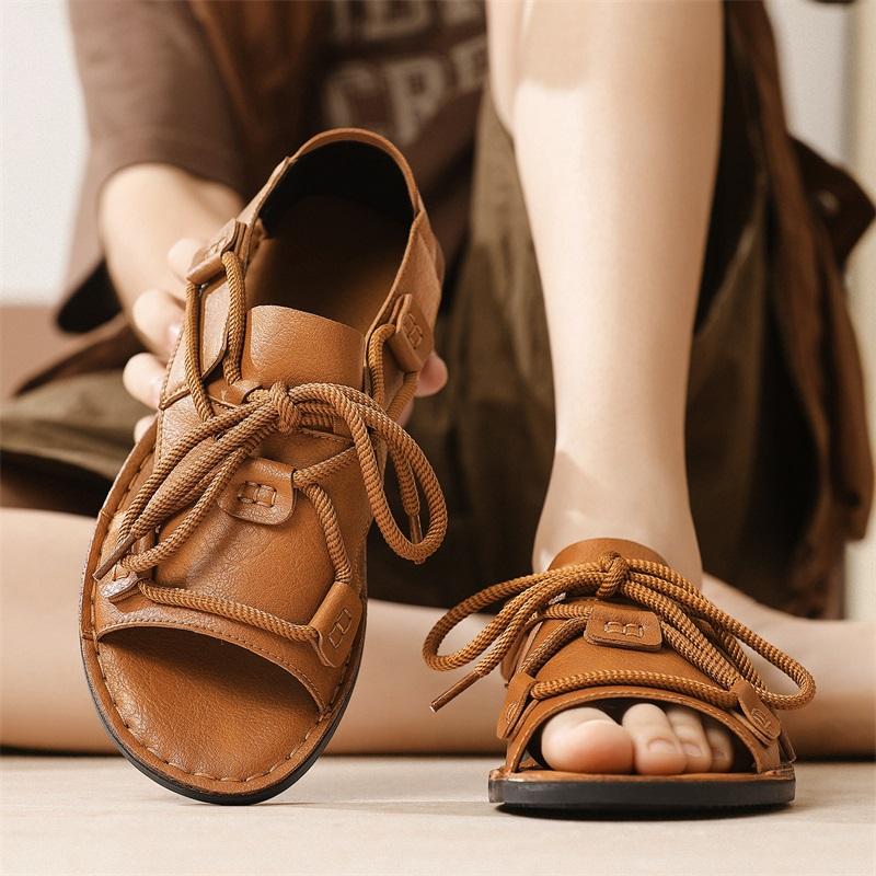 Men Handmade Simple Flats Brown Sandals Summer Roman Sandals Black white Leather Beach Shoes Plus Size