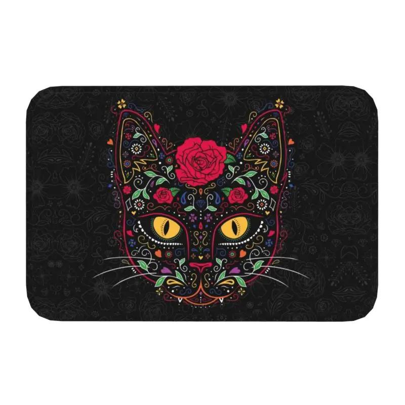 Day Of The Dead Kitten Cat Sugar Skull Front Floor Door Entrance Mats Outdoor Mexican Halloween Floral Doormat Garden Carpet Rug