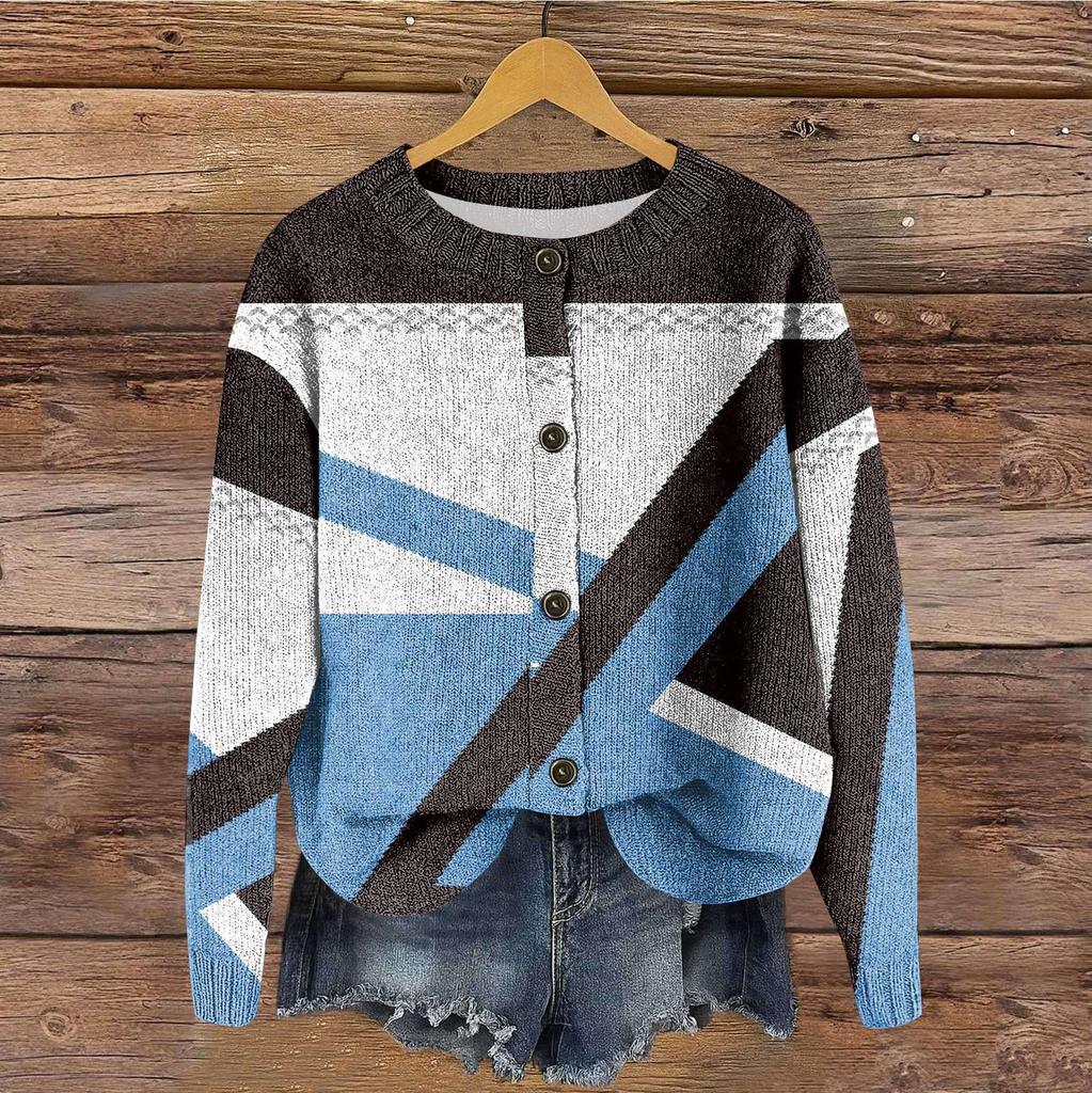 Women's Vintage Knit Button Retro Geometric Print Cardigan Jacket
