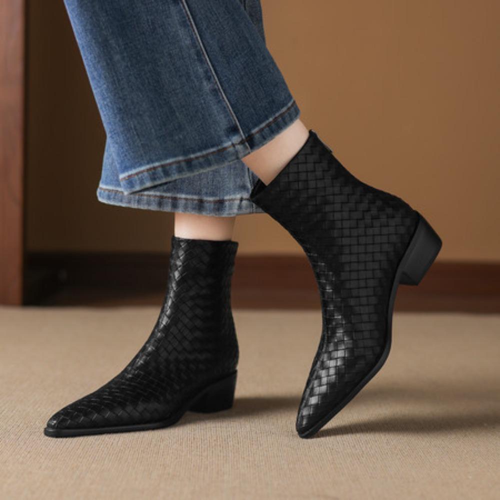 Handmade Cowhide Autumn And Winter Square Head Woven Loose Sleeve Wedge Ankle Boots Women'S Modern Boots Women High Heel