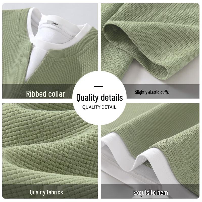 MINISO Men's Waffle-Knit Long Sleeve Fake Two-Piece T-Shirt