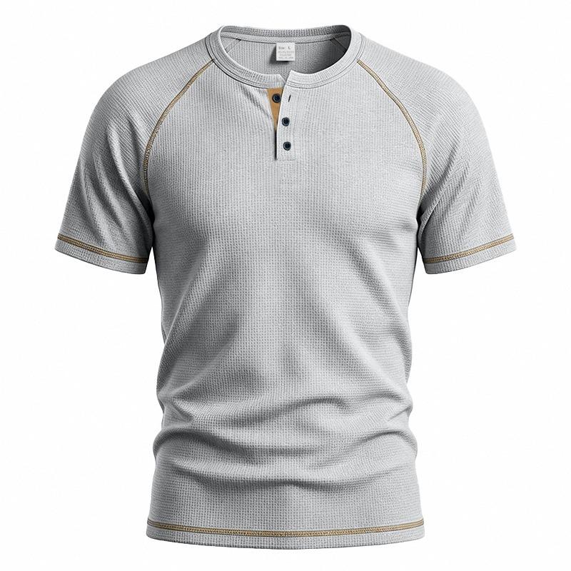 Mens Waffle Henley Collar Raglan Short Sleeve Color Block Casual T Shirt