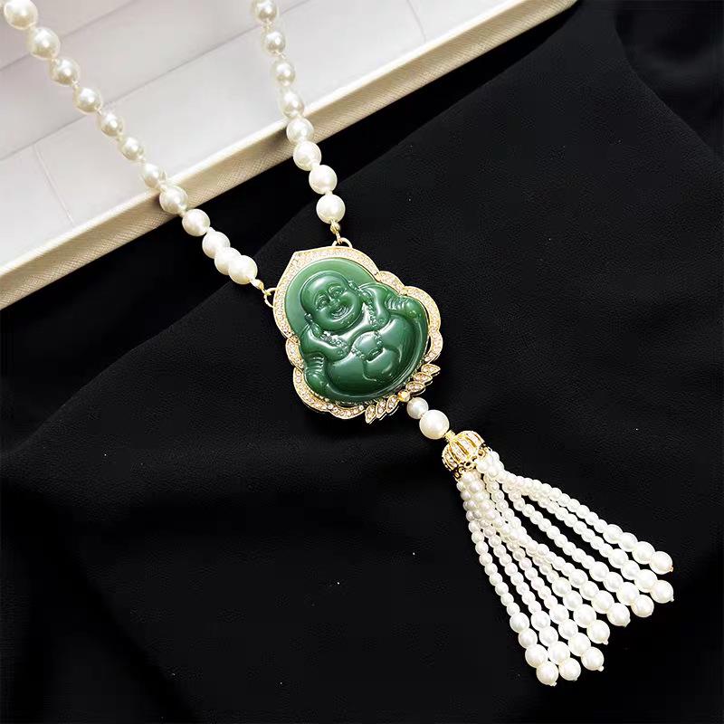 Luxury Imitation Chalcedony Buddha Sweater Chain Necklace - Autumn/Winter Fashionable Versatile Accessory for Women