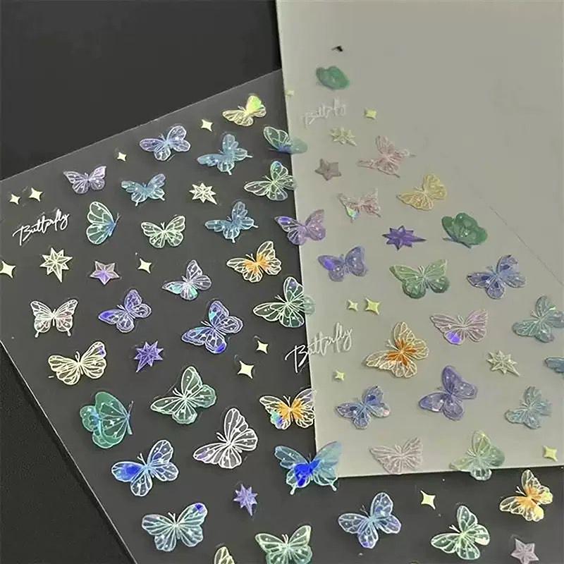 Fashion Delicate Butterfly Wing Streamer Laser Stickers Advanced Embossed Nail Art Stickers Colorful Butterfly Fairy Stickers