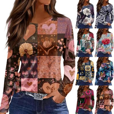 Women's Fashion Hem Slit Casual Retro Floral Print Round Neck Long Sleeve Top