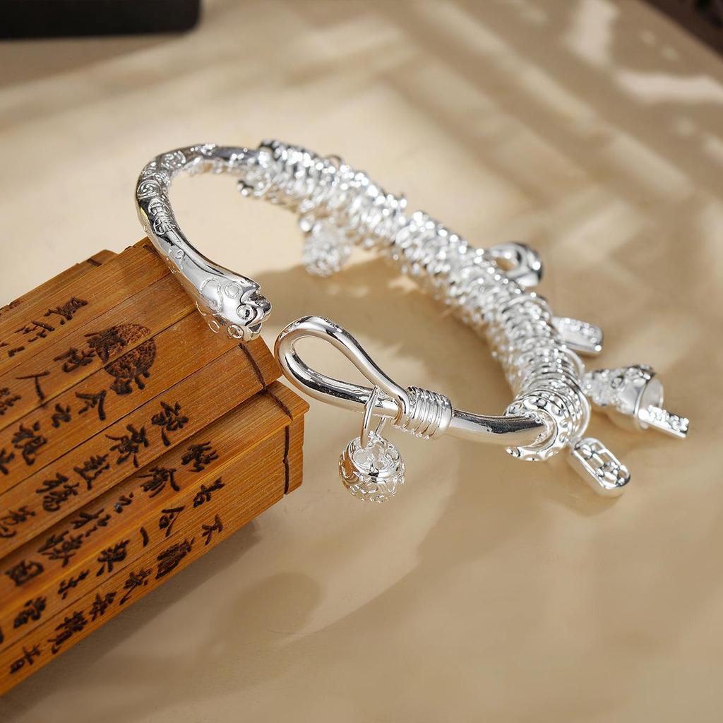 Exclusively designed lucky charm wrap-around bracelet with gourd bell, lucky cat bangle in thick silver-plated copper, perfect for live streaming.