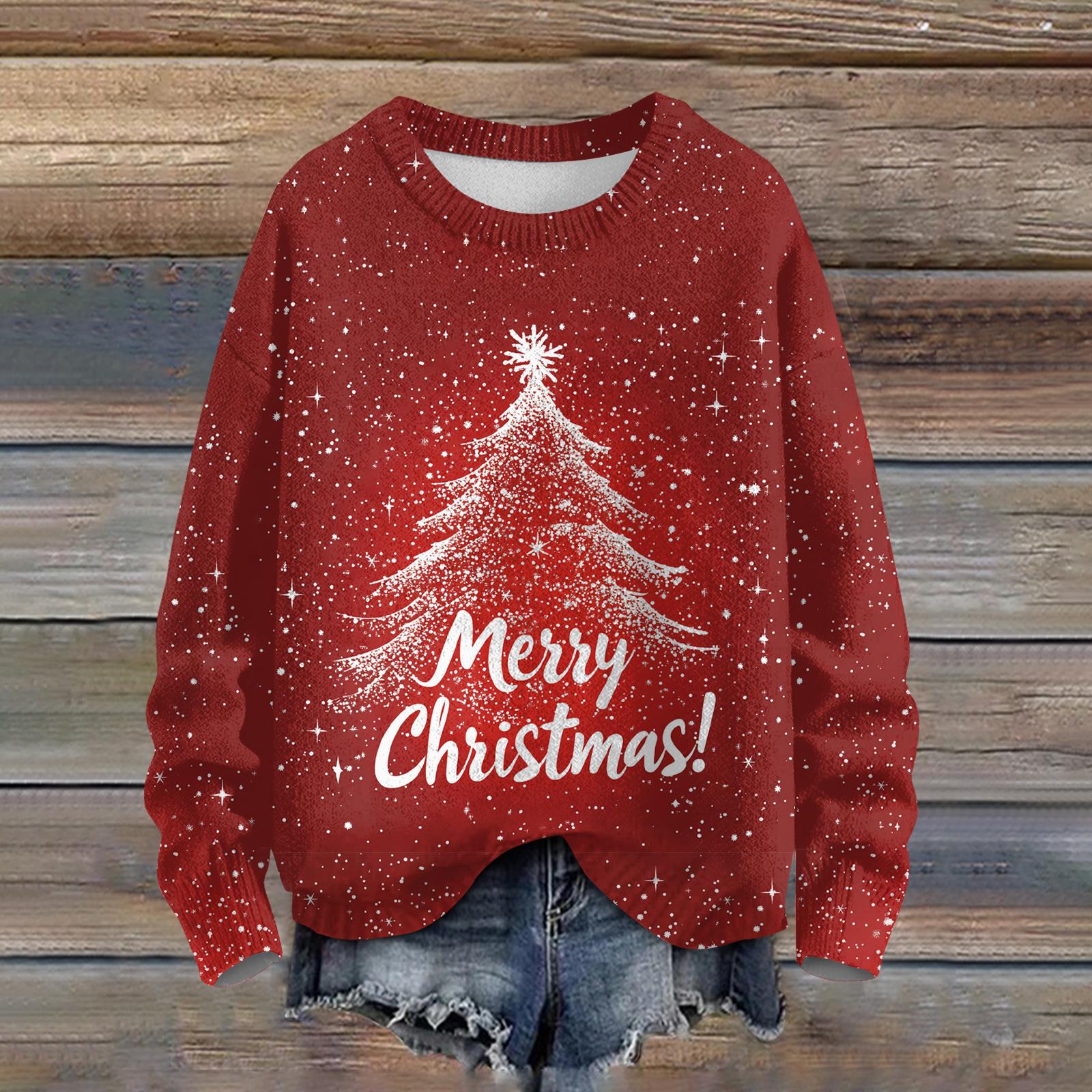 Ladies  Fashionable Casual Long Sleeved Beautiful Christmas Tree Print Round Neck Yarn Knitting L