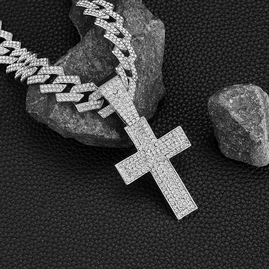 Hip Hop Alloy Full Diamond Cross Pendant Fashion Trend Rap Men's Cuban Chain Necklace Jewelry
