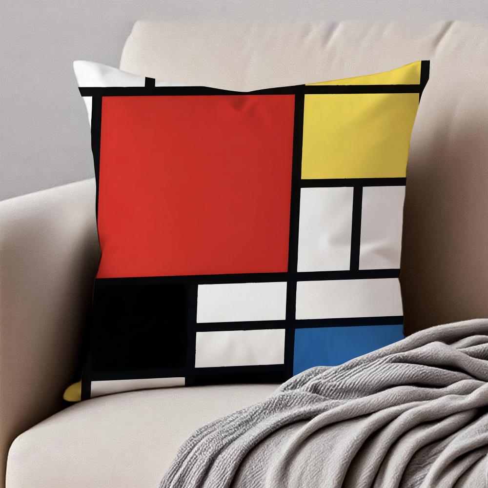 Classic Bright Simple PPiet Cornelies Mondrian Cushion Cover Pillowcase Antidustmite Invisible Zipper Short Plush Sofa Cushion