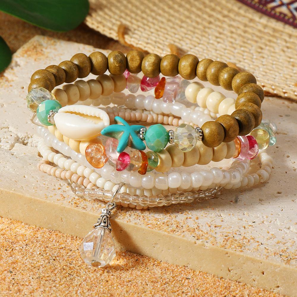 Boho Beaded Stack Bracelet Set, Multi-Layer Wood & Turquoise Bead Bracelet for Women, Bohemian Casual Beach Jewelry