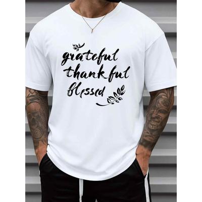 Herren T-Shirt 'Grateful Thankful Blessed' - Weißes Glaubens-Shirt mit kurzem, lässigem Rundhalsausschnitt, Langlebiger Digitaldruck für Kirche, Freizeit