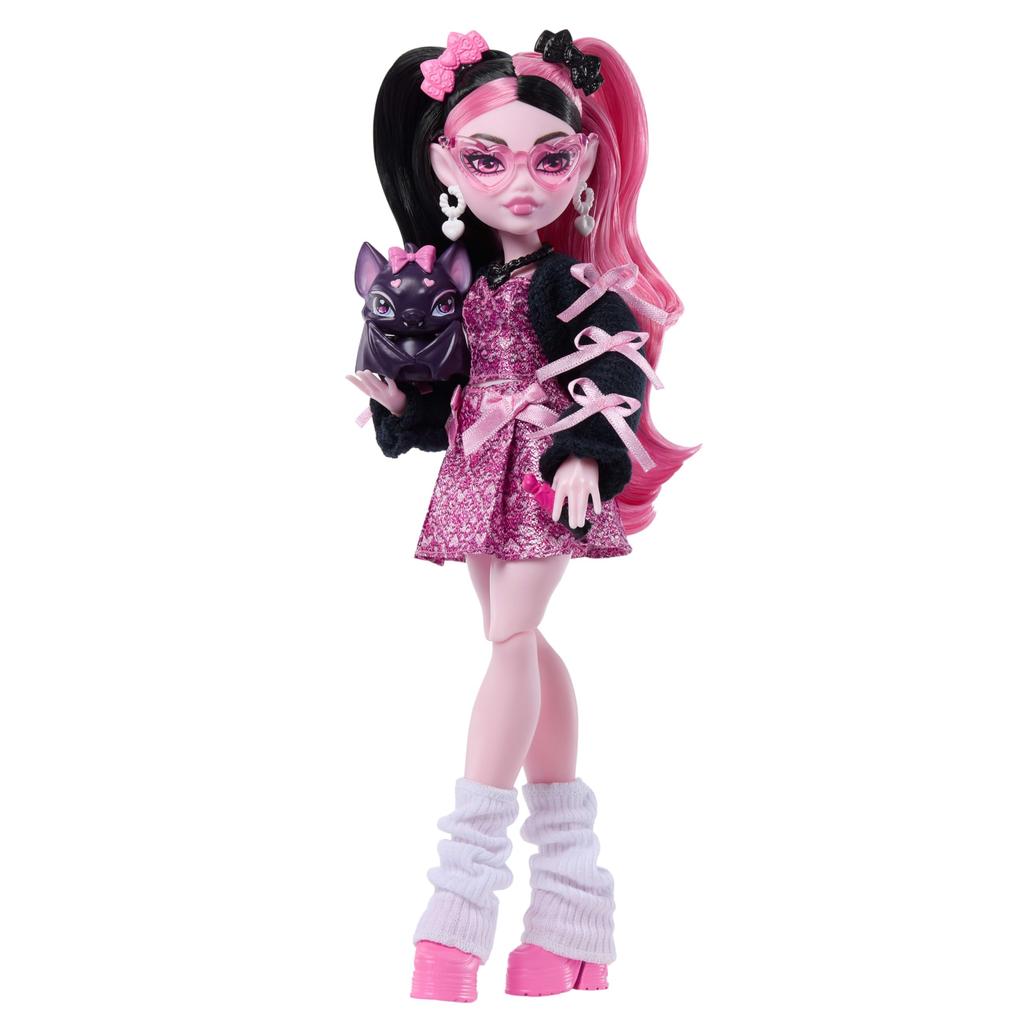 Monster High doll, Dracula ura in a pink bow dress, black cardigan with pet bat count, fabulous, ramen, lipstick, wallet and 7 other accessories,