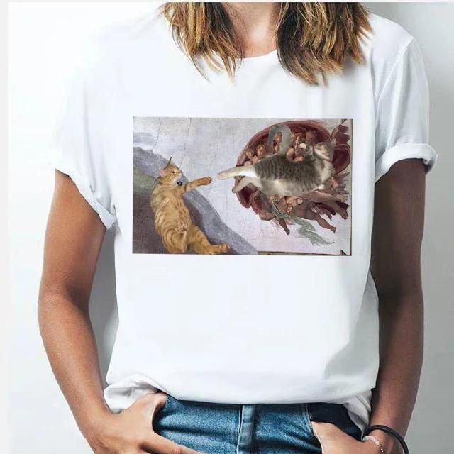 Oil Painting Cat Women's Fashion Personality Spoof Classic Oil Painting T-shirt Women Clothing Tops Harajuku Aesthetic Oversized