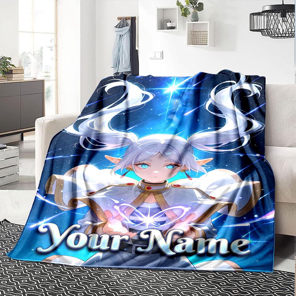1pc Frieren Blanket with Custom Name, Gift, for Men and Women, Soft Blanket, Good for Sofa Bed Couch Travel, Lightweight Flannel Blanket
