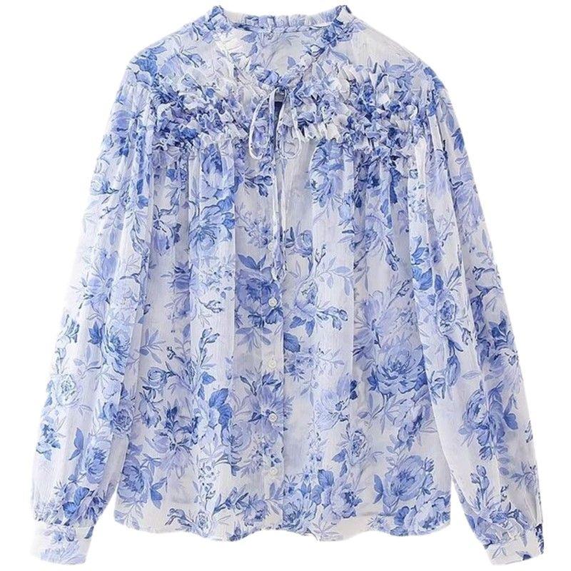 

Fashion Style 2024 Spring New Arrival Women s Clothing Stylish Laminated Decoration Flower Print Blouse 2298069 Blue L