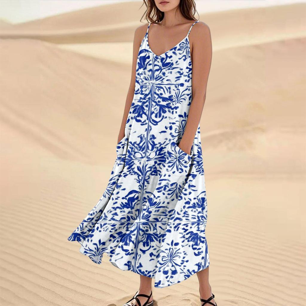 Women's Fashion Casual Floral Print Sleeveless Pocket Long Beach Dress
