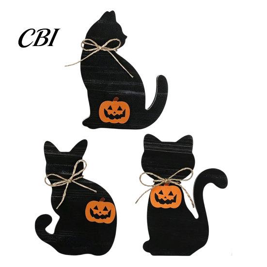 Halloween Mantel Decor 3Pcs Decoration, Black Cat Ghost Witch Hat Table Decor, Decorations Rustic Farmhouse Wooden Centerpieces for Home Office Tiered