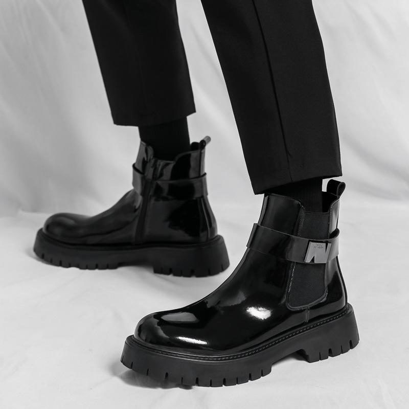 Men's Shiny Round Toe Chelsea Boots – Autumn/Winter Outdoor Fashion British Style with Zipper.