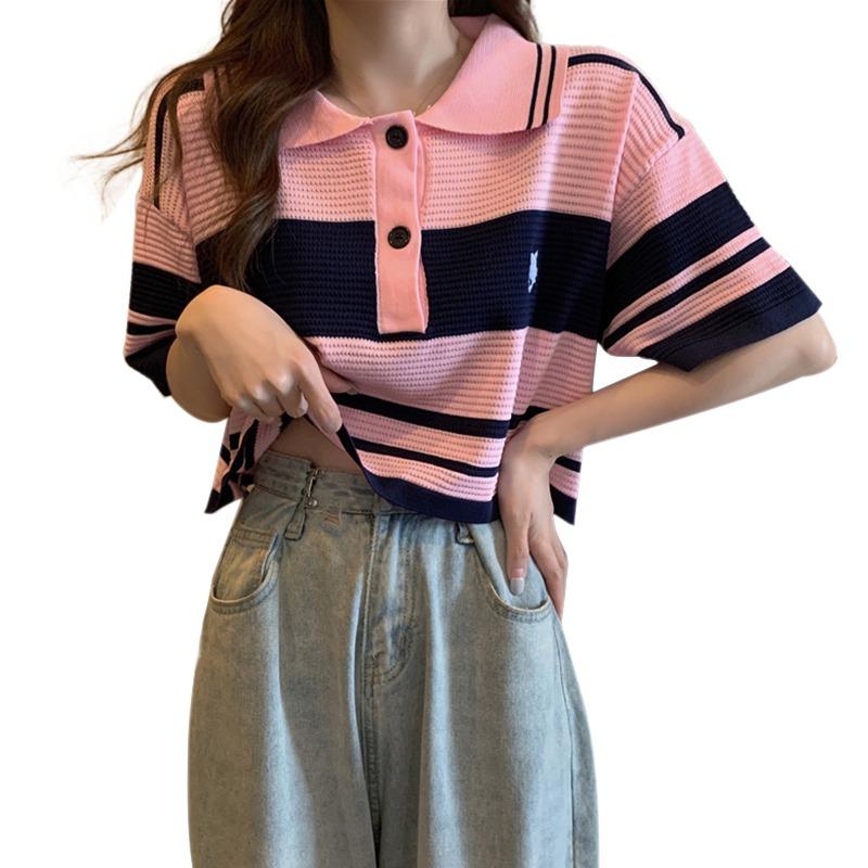 

Корейская версия, свободная полосатая, с высокой талией, с коротким рукавом, вязаная рубашка из ледяного шелка, верхняя футболка, женская