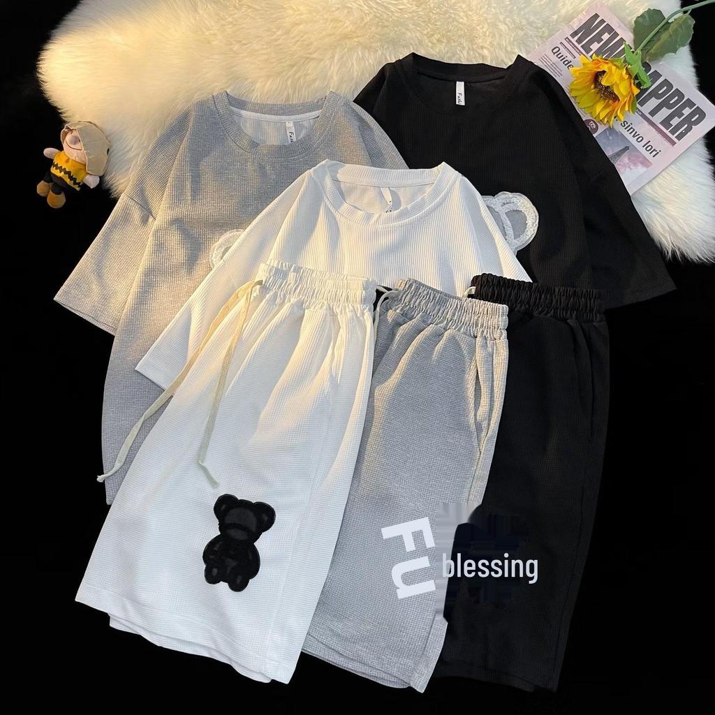 Men's Bear Print Short-Sleeve Shorts Set: Summer Trend, Loose Fit Two-Piece