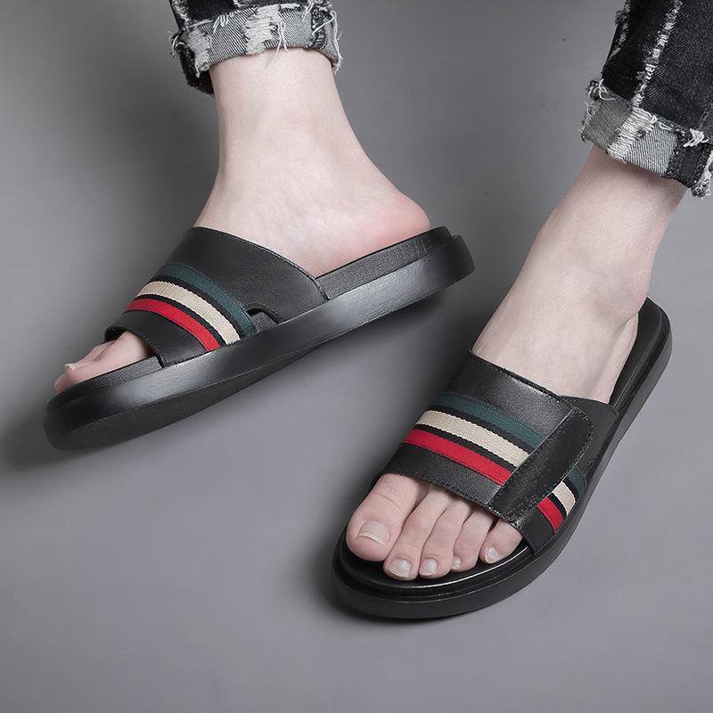 2805 Men'S Genuine Leather One-Word Slippers Summer Cowhide Open-Toed Foot Cover Flat-Bottomed Outdoor Casual Cool Slippers Sandals