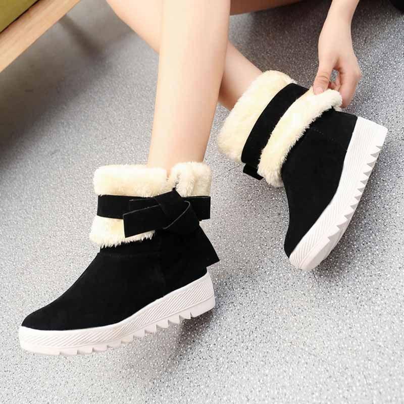 Women's Winter Boots Warm Fur Lined Casual Ankle Shoes With Sweet Bow Flats