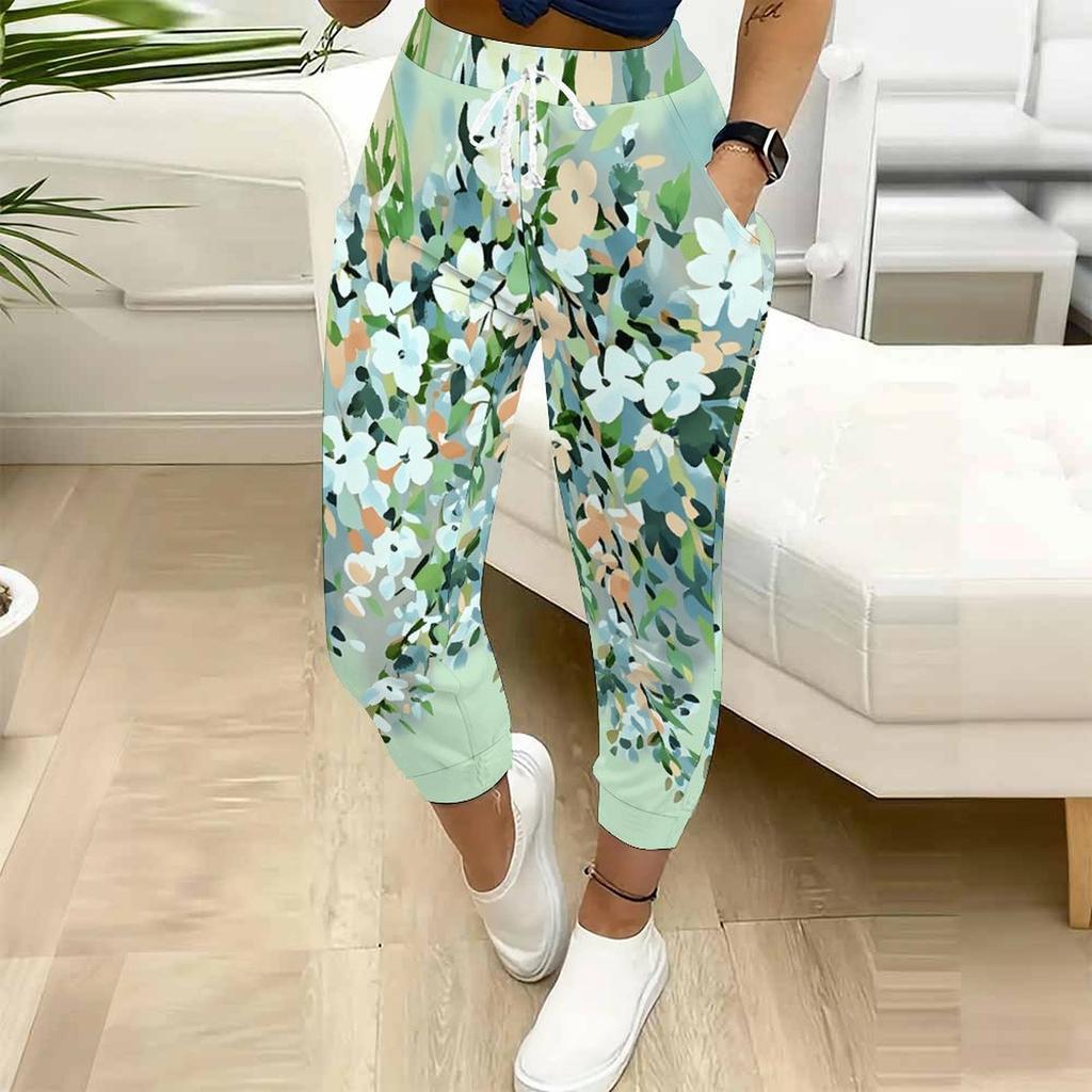 Summer Ladies Solid Color Casual Printed Sweatpants Loose Fit Drawstring Joggers Elastic Cuff Daily Casual Pants