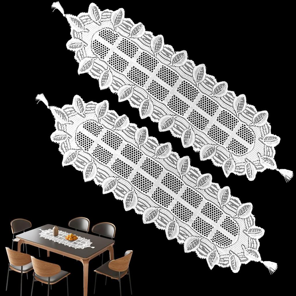 2 Pack 12.9x45.7 Inch Lace Rectangular Table Runner,White Dresser Scarf Doilies,Coffee Table Runner for Bedroom Furniture, Home Decor