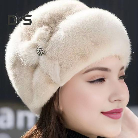 Mid-aged Women Winter Hat Thick Plush Faux Fur Heat Retention Windproof Solid Color Rhinestone Decor Outdoor Cycling Skiing Beanie