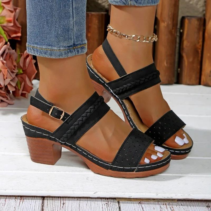 

Fashion Ladies Shoes 2025 Hot Sale Open Toe Women s Sandals Fashion Buckle Strap Summer New Casual Plus Size Best Seller Heeled Sandals 43 чёрный