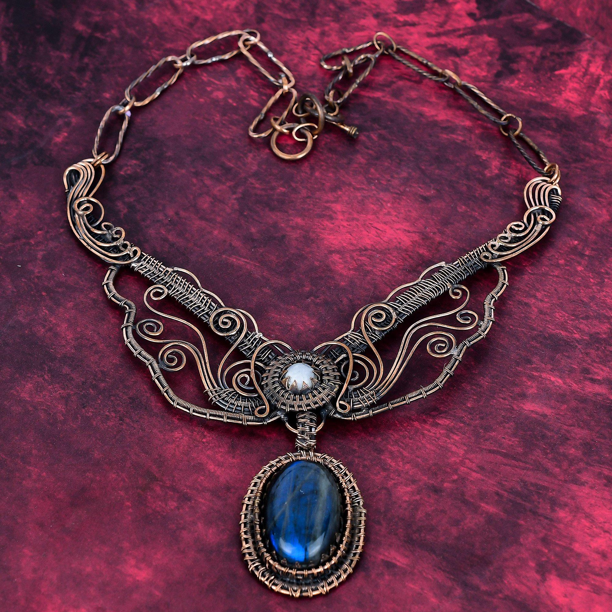 Labradorite Gemstone Necklace Adjustable Necklace Copper Wire Wrapped Rainbow Moonstone Jewelry Adjustable