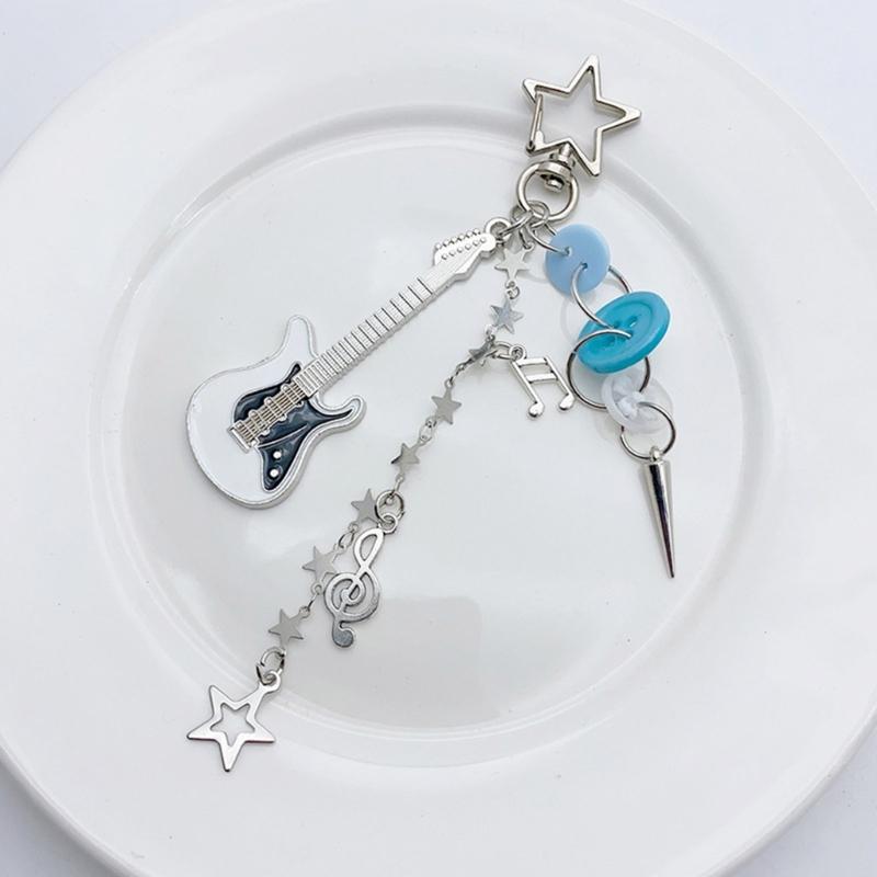 Guitar Star Button Charm Keychains Sweet Cute Pendant Hanging Ornament Keyring Backpack Decoration for Women Girls