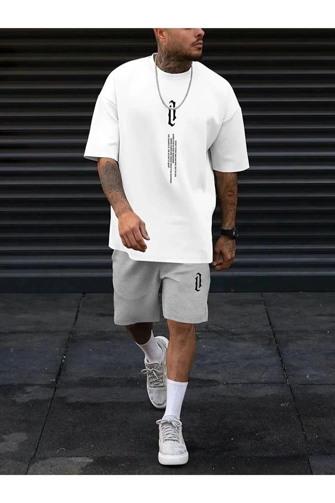 Men's Plus Size Plus Size Bottom-Top Set Vertical Printed T-Shirt Shorts Tracksuit Bottom-Top Set