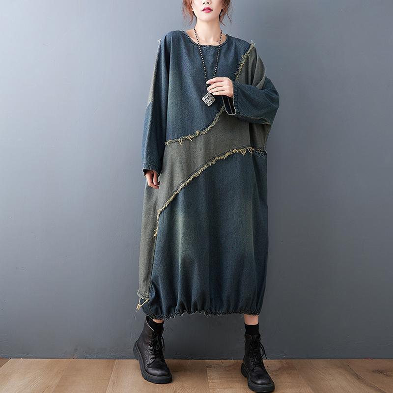 Women's Contrast Patchwork Denim Dress - Plus Size, Frayed, Loose, Mid-Length Skirt for Spring/Autumn