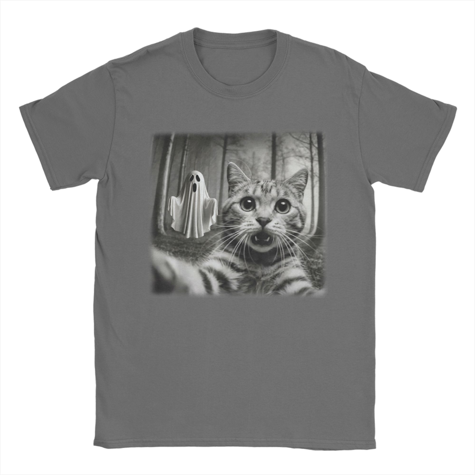 

Cat Selfie with Spooky Ghost T-Shirts Men Funny Halloween Pure Cotton Tee Round Collar Short Sleeve T Shirts Printed Clothes 4XL