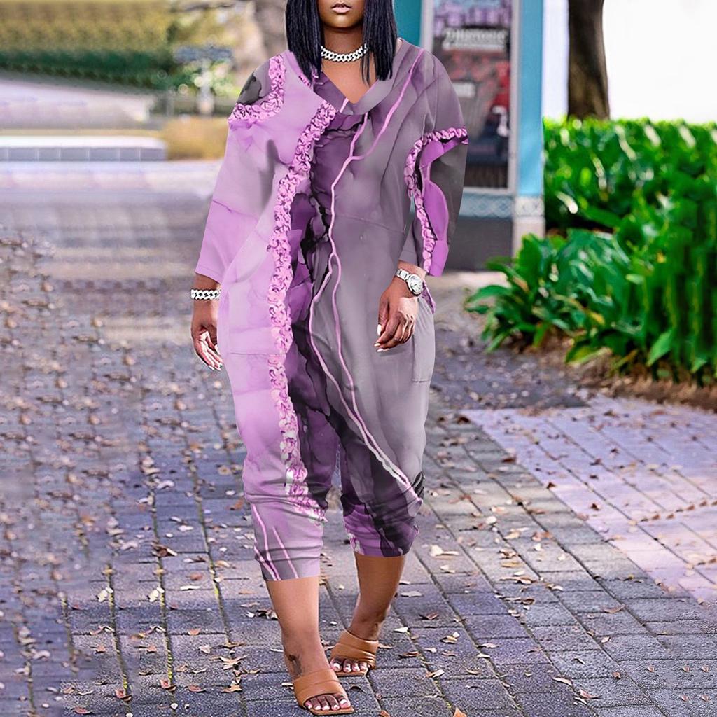 Lockerer, lässiger Jumpsuit mit V-Ausschnitt und langen Ärmeln für Damen in großen Größen