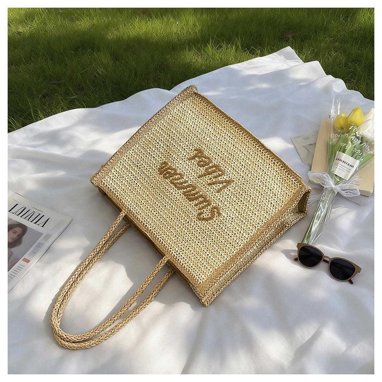 Women's Large Capacity South Wind Chic Straw Woven Tote Bag with Embroidered Letters