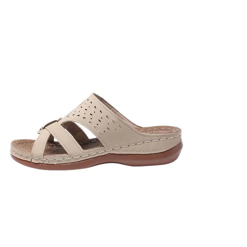 

Fashion Shoes Female 2025 Open Toe Women s Slippers Outdoor Casual Slippers Women Round Toe Rivet Wedges Plus Size Women s Sandals 43 абрикосовый