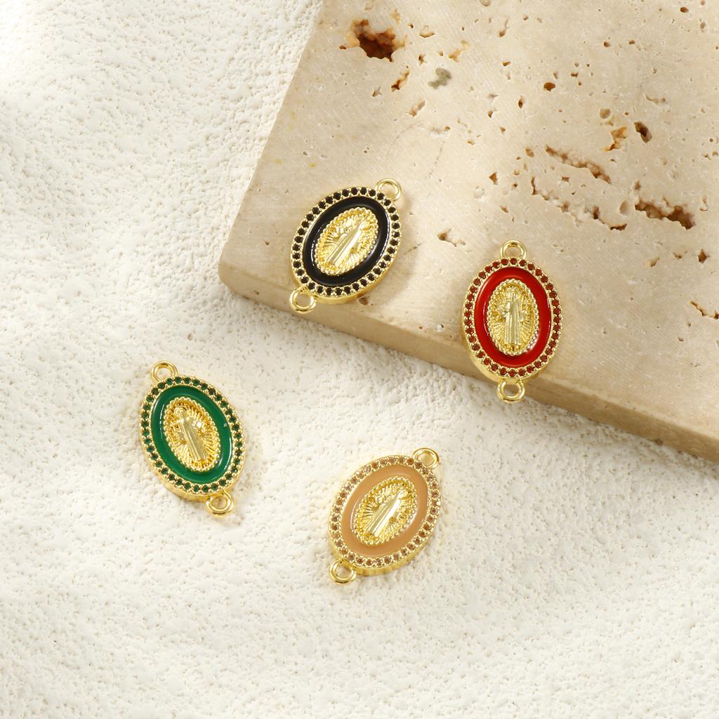 1 Piece Brass & Cubic Zirconia Religious Connectors Charms Pendants 18K Gold Plated Enamel Oval Jesus Double Sided 24mm x 14mm
