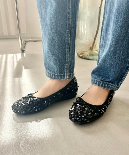 Jumpable Pumps, Flats, Sequined, Square Toe, Sparkly, Lightweight, Cushioned, Washable Insole, Perfect for Ceremonies and Occasions, R-3216