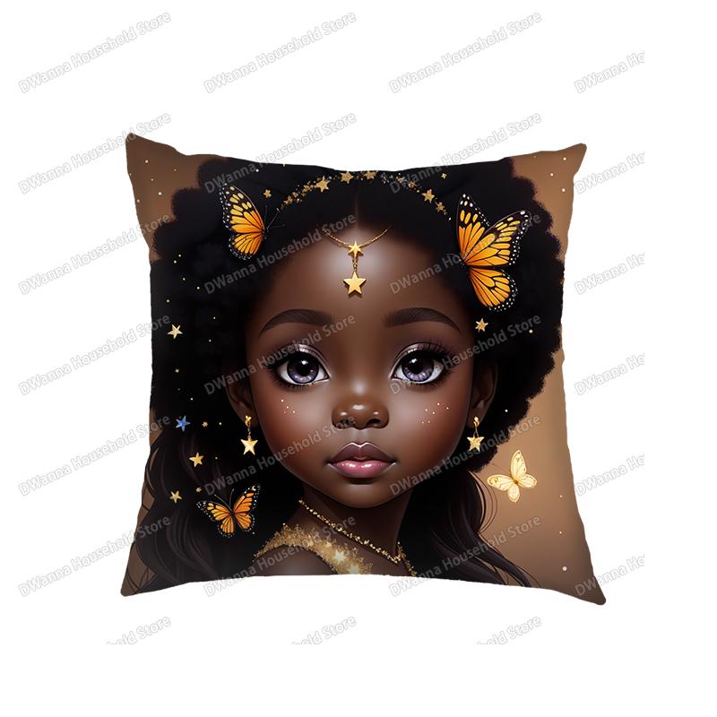 Cute Afro Princess With Cat Dog Print Cushion Covers African Girls Pillowcase Home Decor Seat Sofa Car Office Throw Pillow Cover