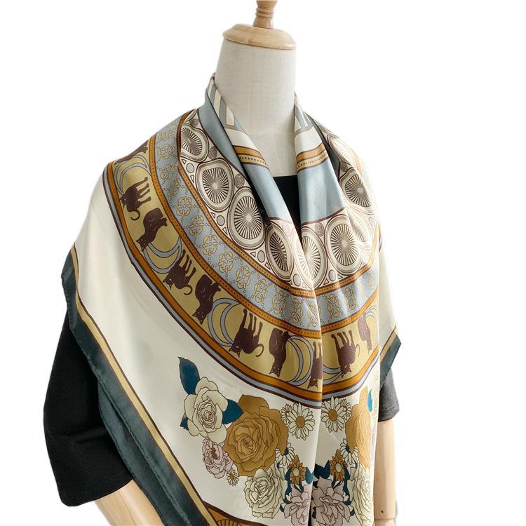 Intellectual Elegance Flower Mulberry Silk Scarf Women'S 110Cm Silk Square Scarf Shawl Fresh Print