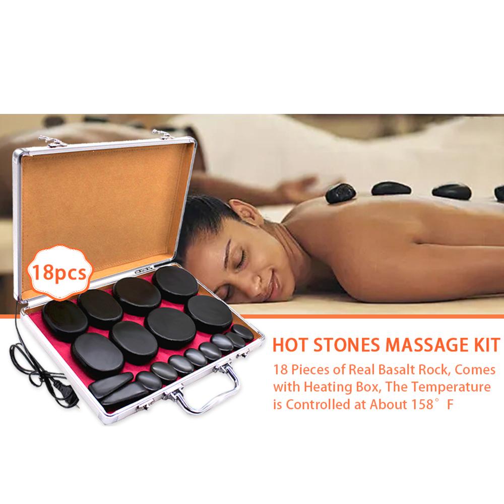 18 Pc Basalt Hot Stones Massage Set with Heater Portable Home Spa Kit for Relaxation and Muscle Relief Natural Volcanic Stones