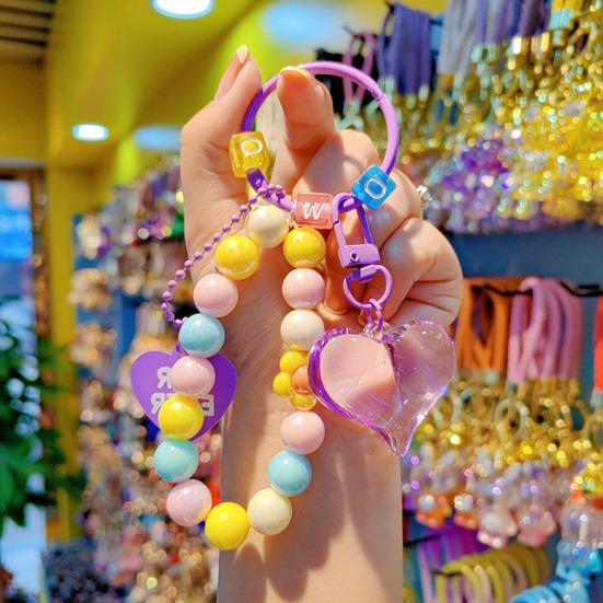 Beaded Keychain Highly Saturated Macaron Color Beads Key Chain with Transparent Colorful Heart Pendants Portable Anti-Lost Mobile Phone Chain Bag