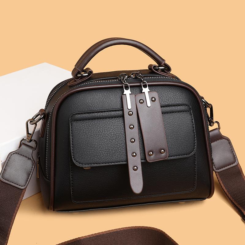 Klassische kleine Leder-Umhängetasche Vintage Boston Bag mit Reißverschluss und Nieten-Details Ideal für den täglichen Gebrauch, Arbeit, Einkaufen und Treffen mit Freunden