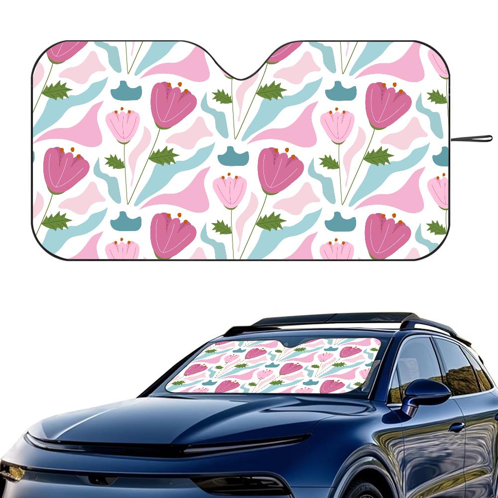 Cute Cartoon Tulip Car SunShade Windshield Foldable Three-layer Insulation Sunshade By Suction Cup Blocks UV Rays Sun