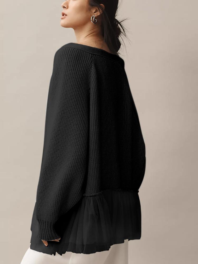 

Мятно-зеленый вязаный свитер с V-образным вырезом и многослойной оборкой из тюля по подолу XL чёрный