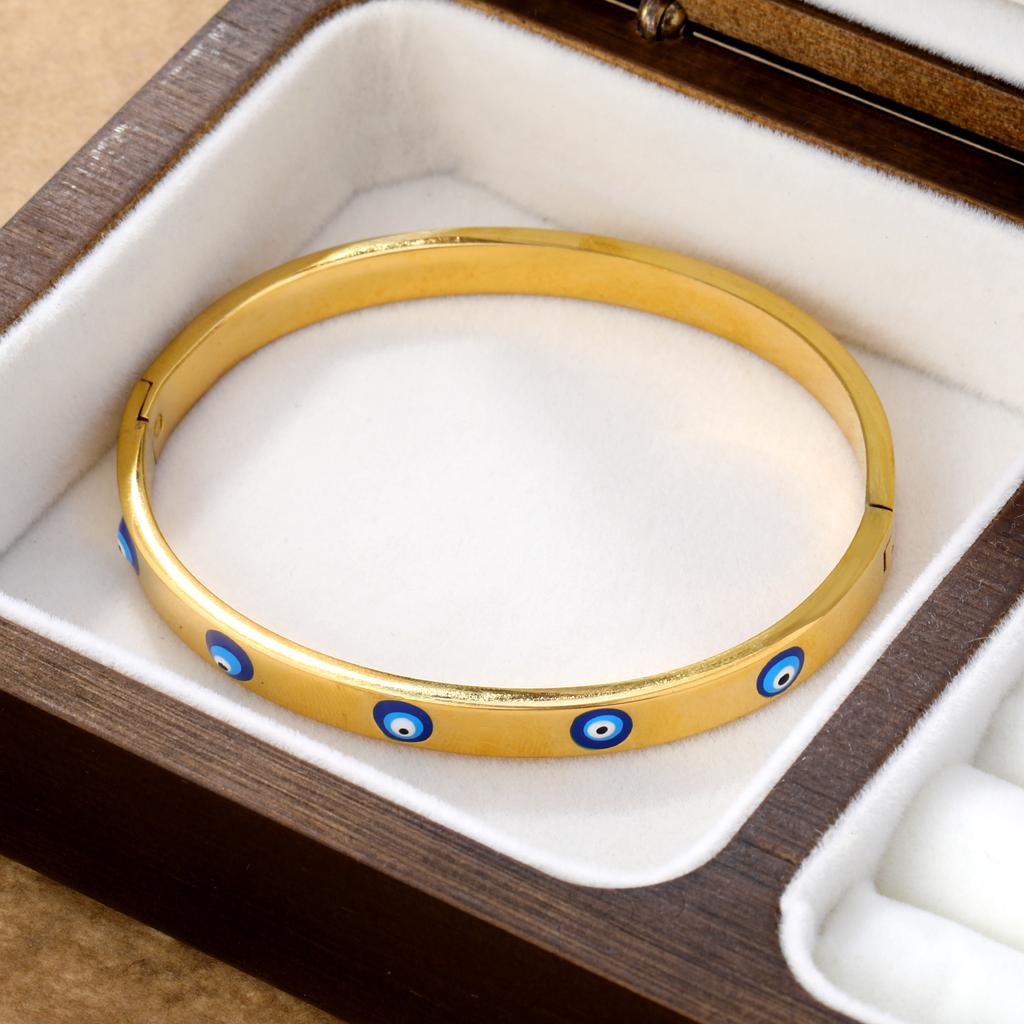 Blue Turkish Eyes Drip-Oil Gold PVD Plated Bangles Waterproof Stainless Steel Hard Bracelets for Female Girl Wrist Jewelry Gifts