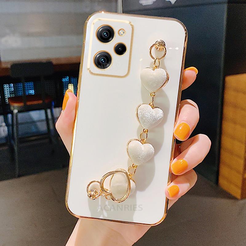 Pocox5 Love Heart Bracelet Case On For Xiaomi Mi Poco X5 Pro X4 X4pro 5g X5pro X3 M4 M5 F4 Gt F3 M3 Chain Plating Silicone Cover