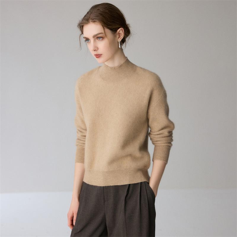 Women's Heavyweight Cashmere High-Neck Sweater, Casual Long Sleeve Solid Knitwear